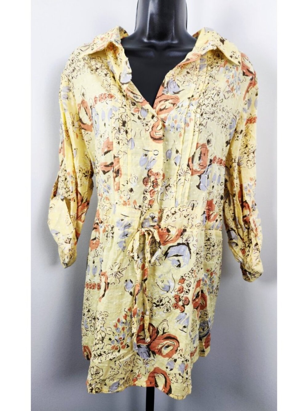 Dots Plus Roll Tab Sleeve Yellow Floral Print Snap Button Down Tunic Shirt-SZ 2X